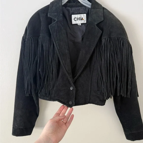 Vintage 1980s Womens Black Suede Leather Jacket Size S Fringe Biker Western Goth - Picture 10 of 10
